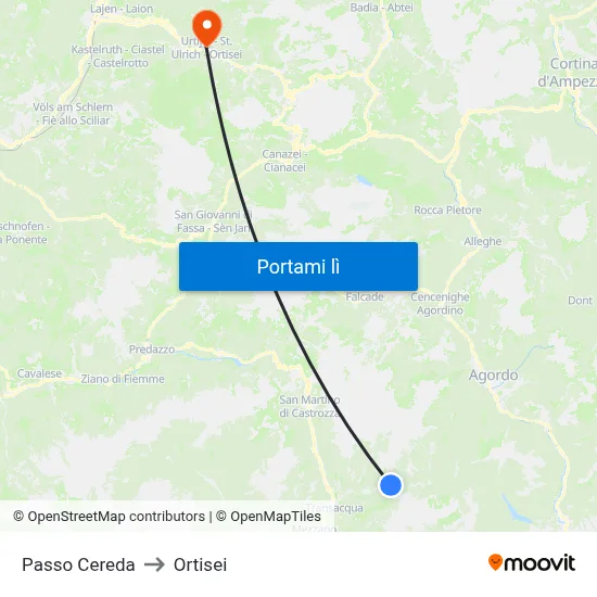 Passo Cereda to Ortisei map