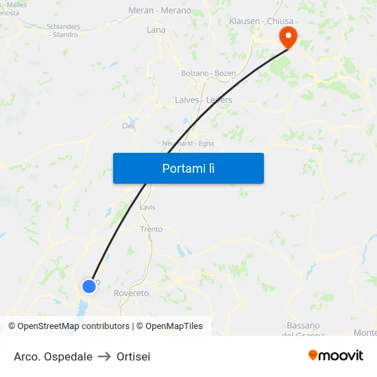 Arco. Ospedale to Ortisei map