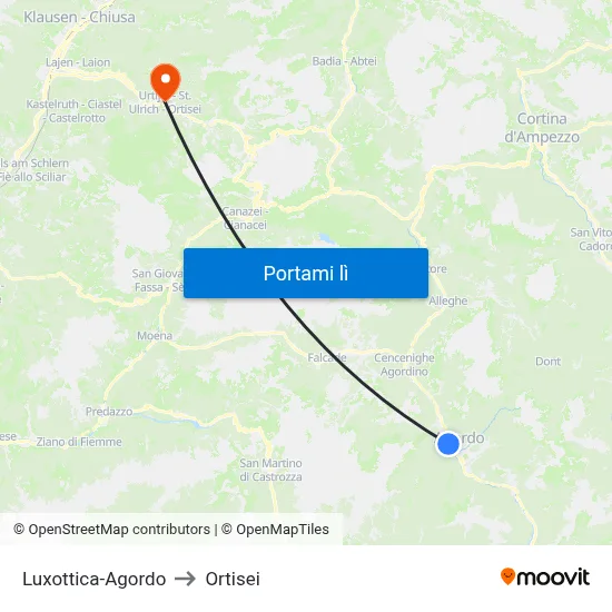 Luxottica-Agordo to Ortisei map