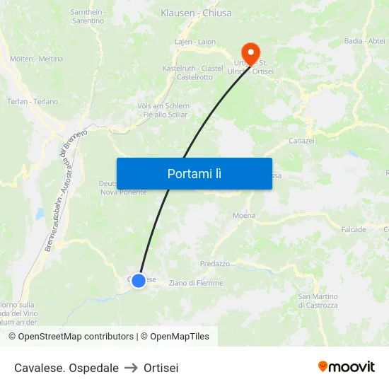 Cavalese. Ospedale to Ortisei map