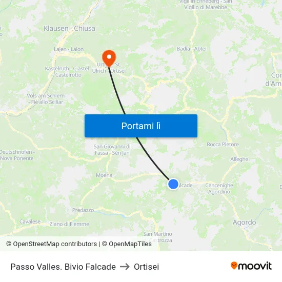 Passo Valles. Bivio Falcade to Ortisei map