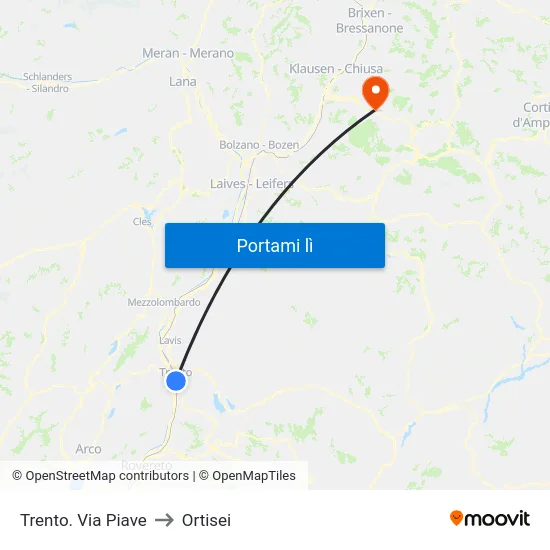 Trento. Via Piave to Ortisei map