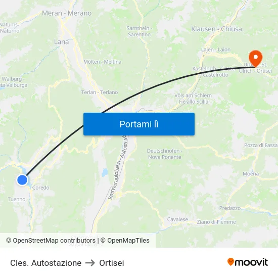 Cles. Autostazione to Ortisei map