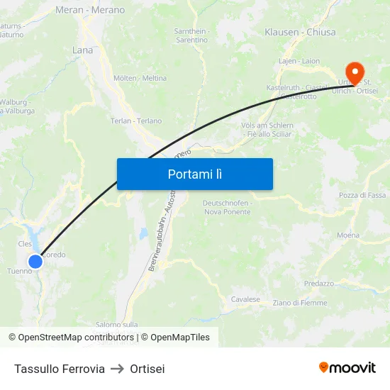Tassullo Ferrovia to Ortisei map
