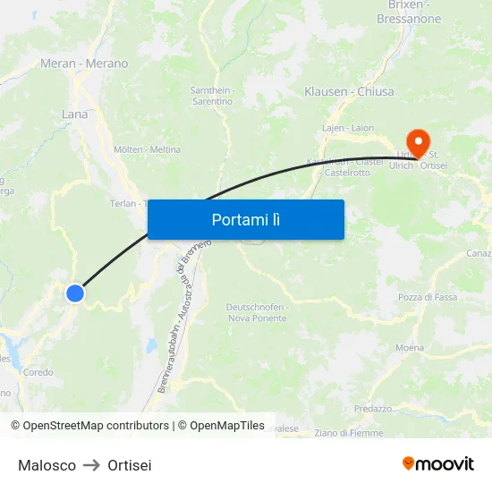 Malosco to Ortisei map
