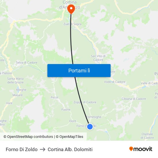 Forno Di Zoldo to Cortina Alb. Dolomiti map
