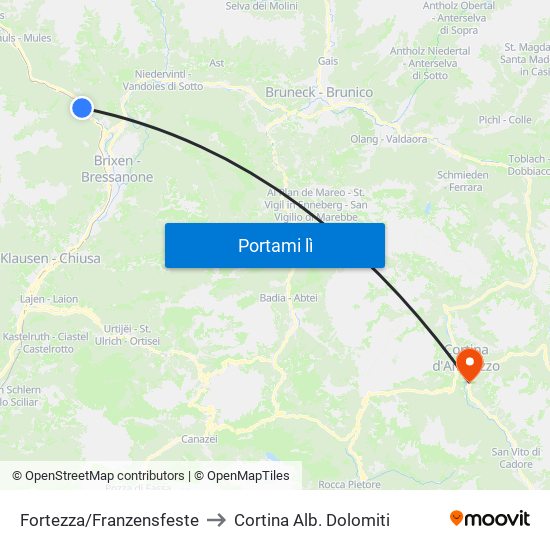 Fortezza/Franzensfeste to Cortina Alb. Dolomiti map
