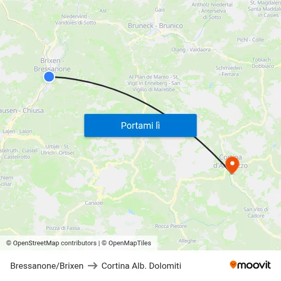 Bressanone/Brixen to Cortina Alb. Dolomiti map