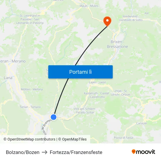 Bolzano/Bozen to Fortezza/Franzensfeste map