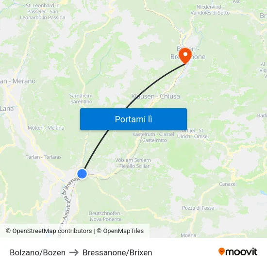 Bolzano/Bozen to Bressanone/Brixen map