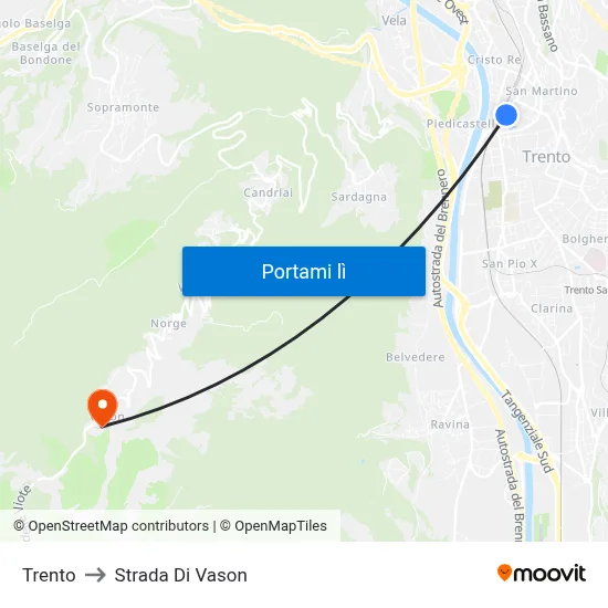 Trento to Strada Di Vason map