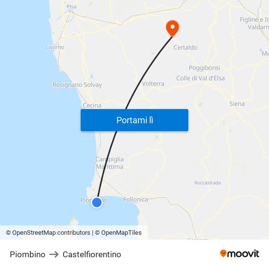 Piombino to Castelfiorentino map