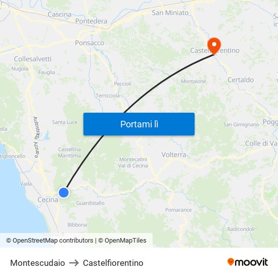 Montescudaio to Castelfiorentino map