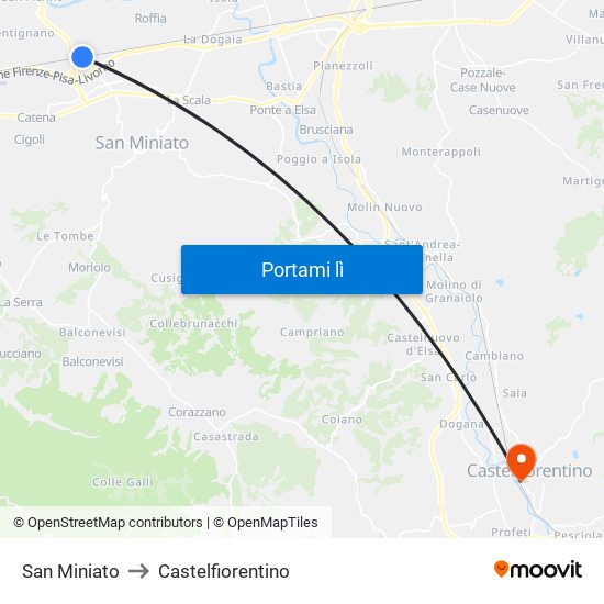 San Miniato to Castelfiorentino map