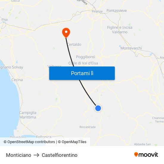 Monticiano to Castelfiorentino map
