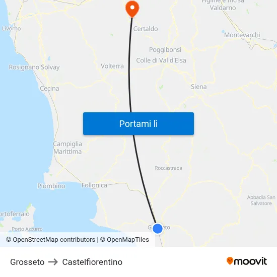 Grosseto to Castelfiorentino map