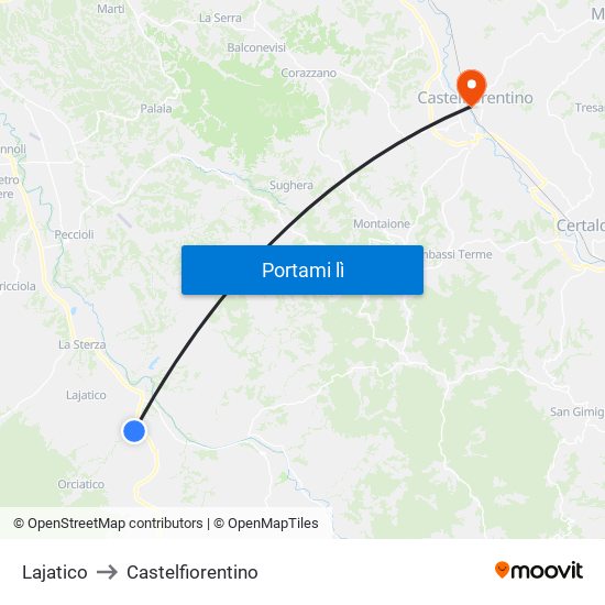 Lajatico to Castelfiorentino map