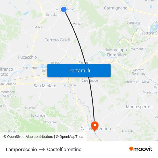 Lamporecchio to Castelfiorentino map