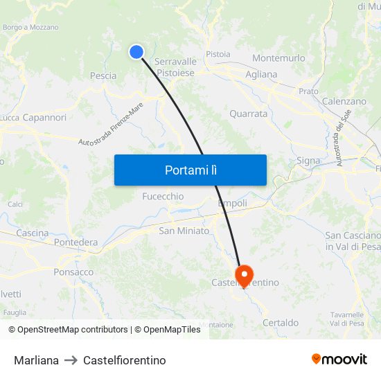 Marliana to Castelfiorentino map