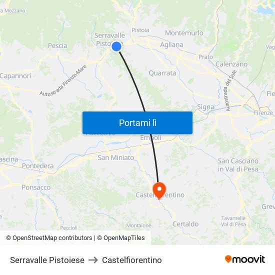 Serravalle Pistoiese to Castelfiorentino map