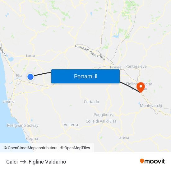 Calci to Figline Valdarno map