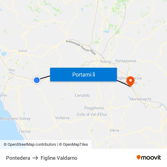 Pontedera to Figline Valdarno map