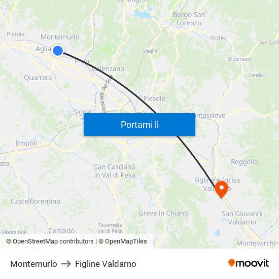 Montemurlo to Figline Valdarno map