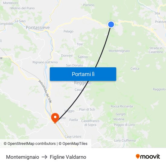 Montemignaio to Figline Valdarno map