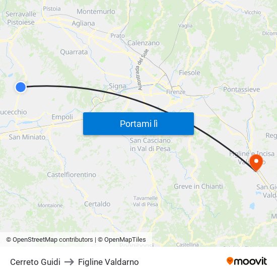 Cerreto Guidi to Figline Valdarno map