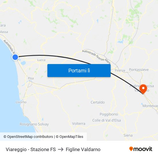 Viareggio Stazione FS to Figline Valdarno map