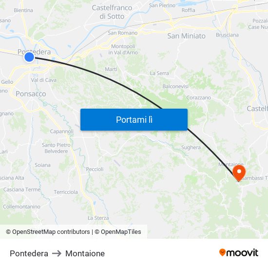 Pontedera to Montaione map