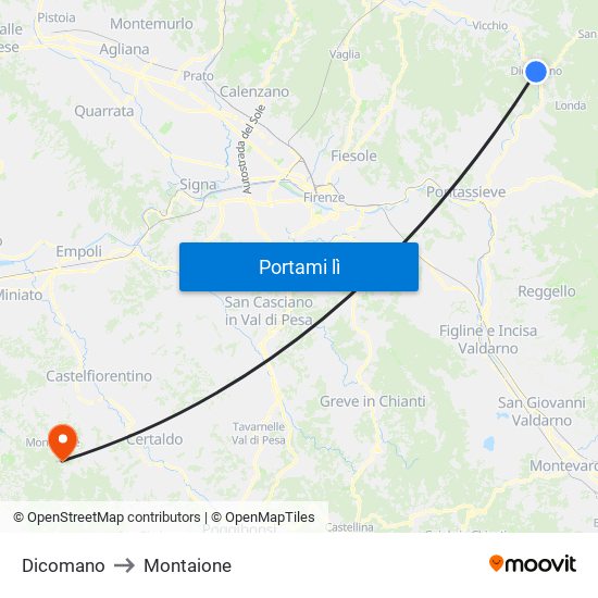Dicomano to Montaione map