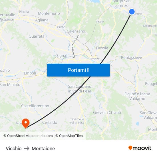 Vicchio to Montaione map