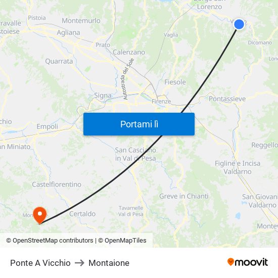Ponte A Vicchio to Montaione map