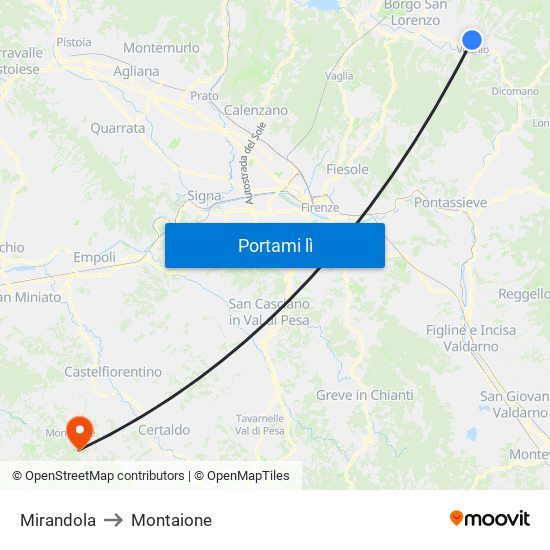 Mirandola to Montaione map