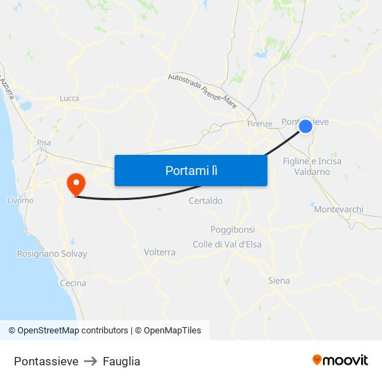 Pontassieve to Fauglia map