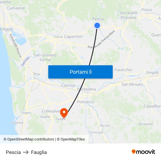 Pescia to Fauglia map