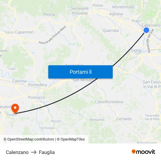 Calenzano to Fauglia map