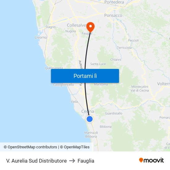 V. Aurelia Sud Distributore to Fauglia map