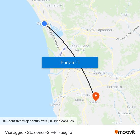 Viareggio Stazione FS to Fauglia map