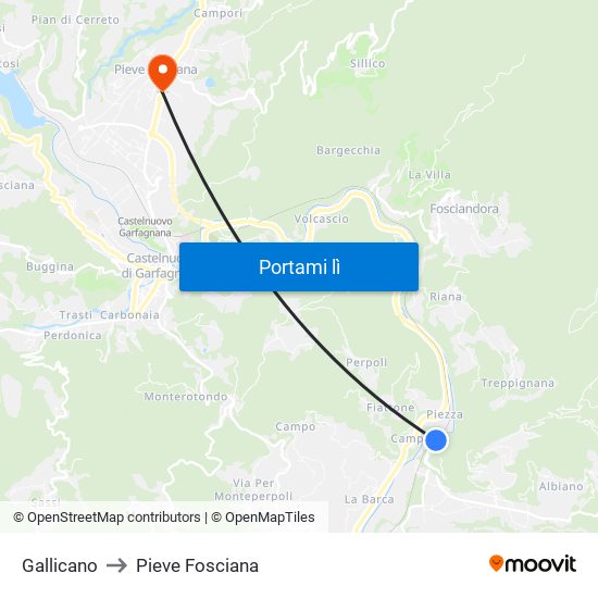 Gallicano to Pieve Fosciana map