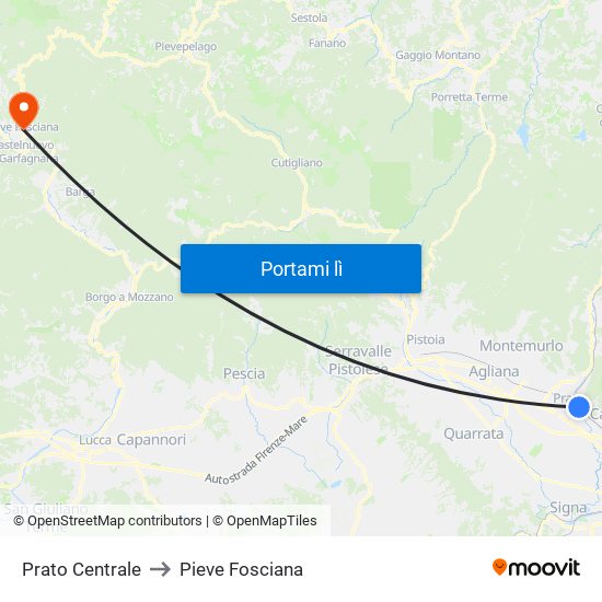 Prato Centrale to Pieve Fosciana map