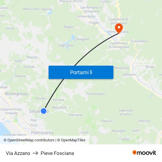 Via Azzano to Pieve Fosciana map