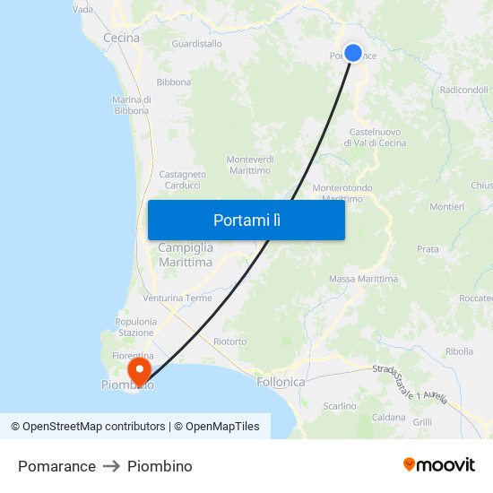 Pomarance to Piombino map