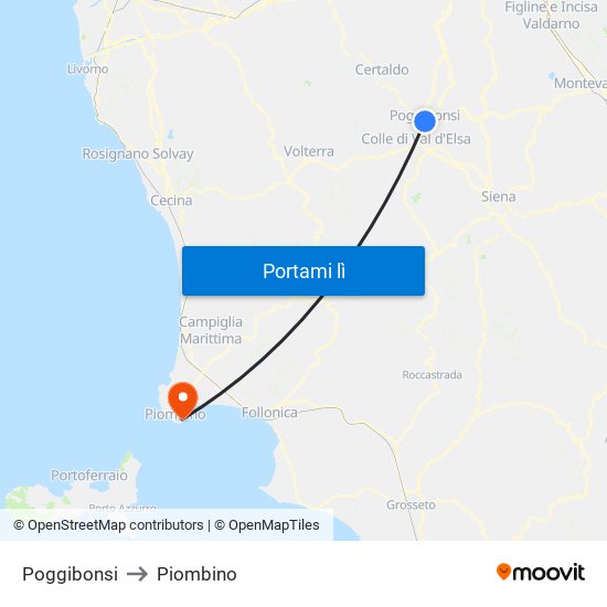 Poggibonsi to Piombino map