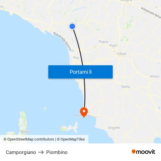 Camporgiano to Piombino map