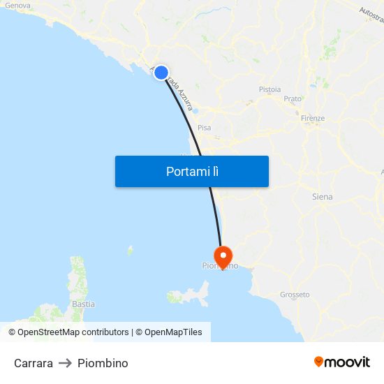 Carrara to Piombino map