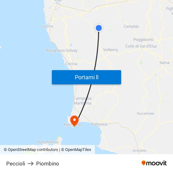 Peccioli to Piombino map