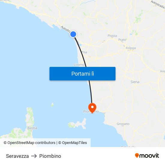 Seravezza to Piombino map