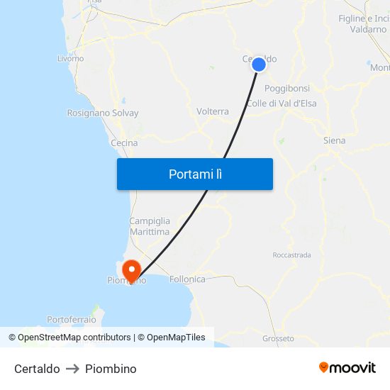 Certaldo to Piombino map
